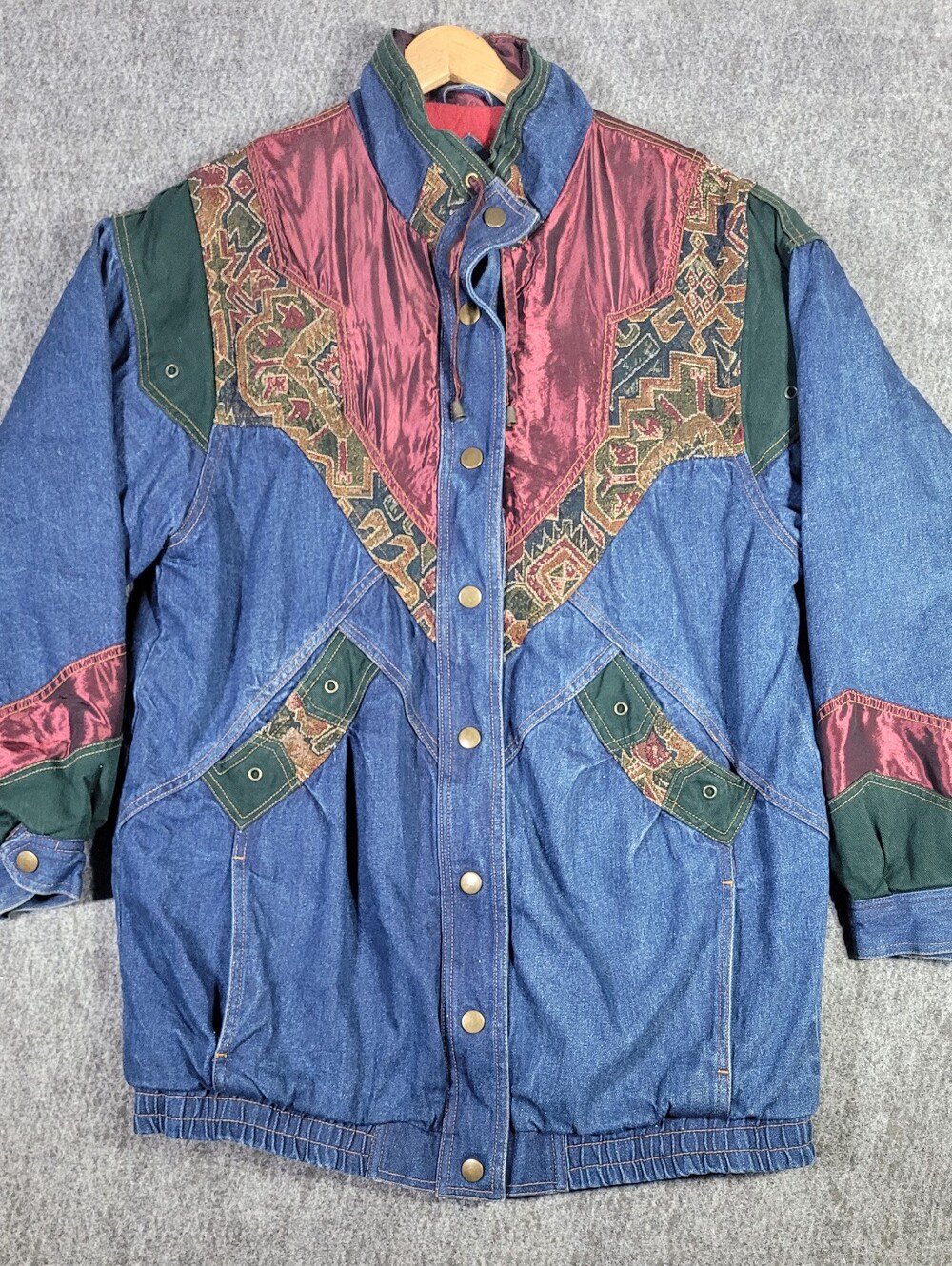 Vtg 80s 90s Two Twenty Denim Tapestry Patchwork Jacket Womens L Aztec Western